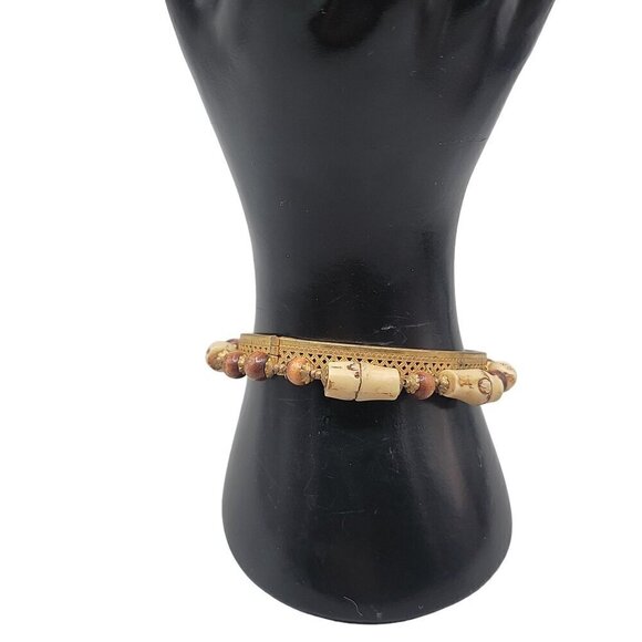 Miriam Haskell Rare Hinged Clamper Bangle Bracelet Resin Bamboo Wood Beads 6.5" - Picture 2 of 14